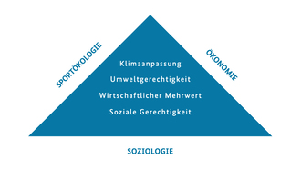 Das Bild zeigt ein Dreieck. Darin stehen die Begriffe Klimaanpassung, Umweltgerechtigkeit, Wirtschaftlicher Mehrwert und Soziale Gerechtigkeit. An den Längsseiten des Dreiecks stehen die Begriffe Sportökologie, Ökonomie und Soziologie.